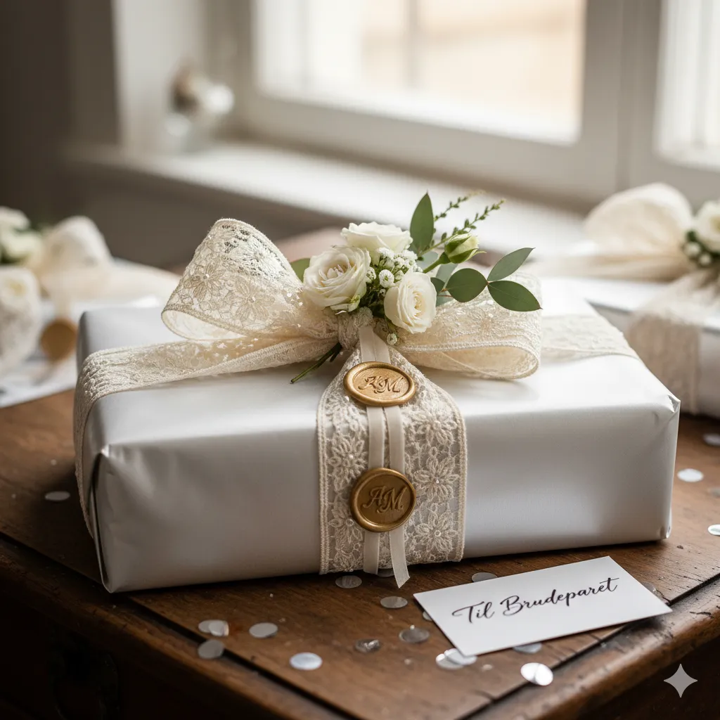 Bryllupsgaveinnpakking med elegante detaljer